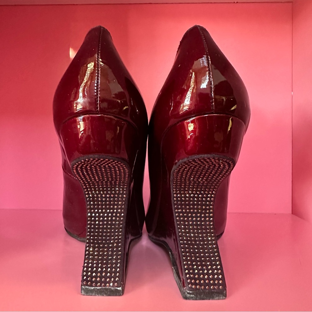 Stuart Weitzman Maroon Patent Leather Wedge Rhinestone Heels - Picture 2 of 10